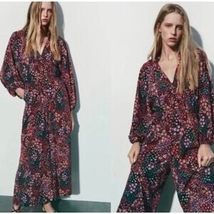 Zara floral pink black wide leg jumpsuit stretchy size women's small v-neck